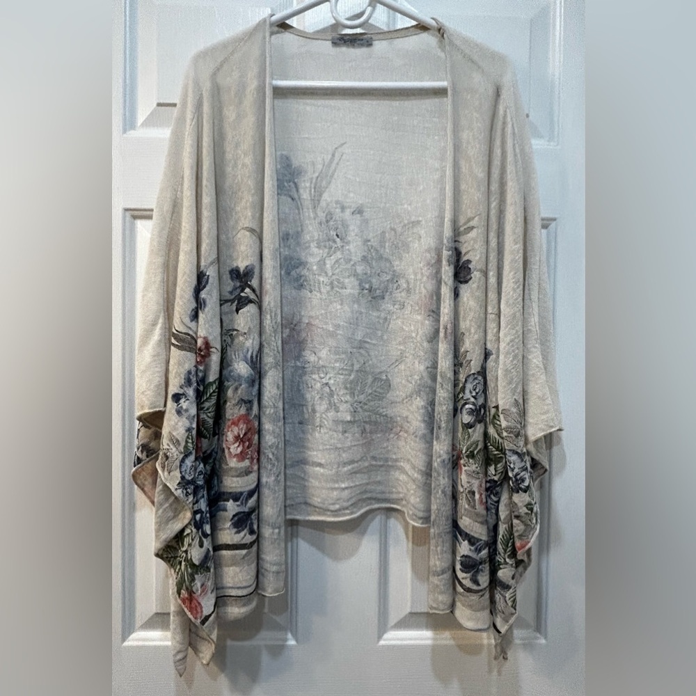 Elena Baldi Silk Blend Open Front Kimono Cardigan Sz S Watercolor Floral Spring